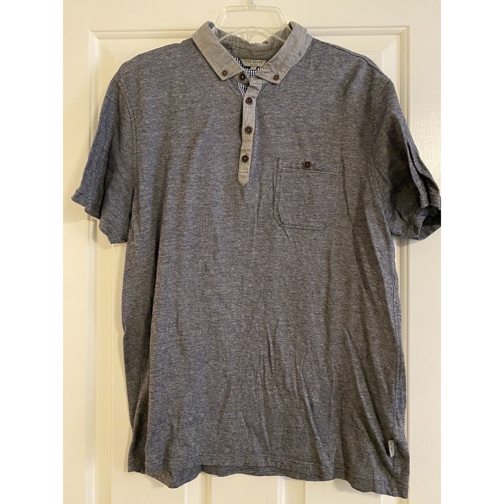 Ted Baker London Mens Navy Textured Polo Shirt Size 7 XXL Gingham Trim REESKEP